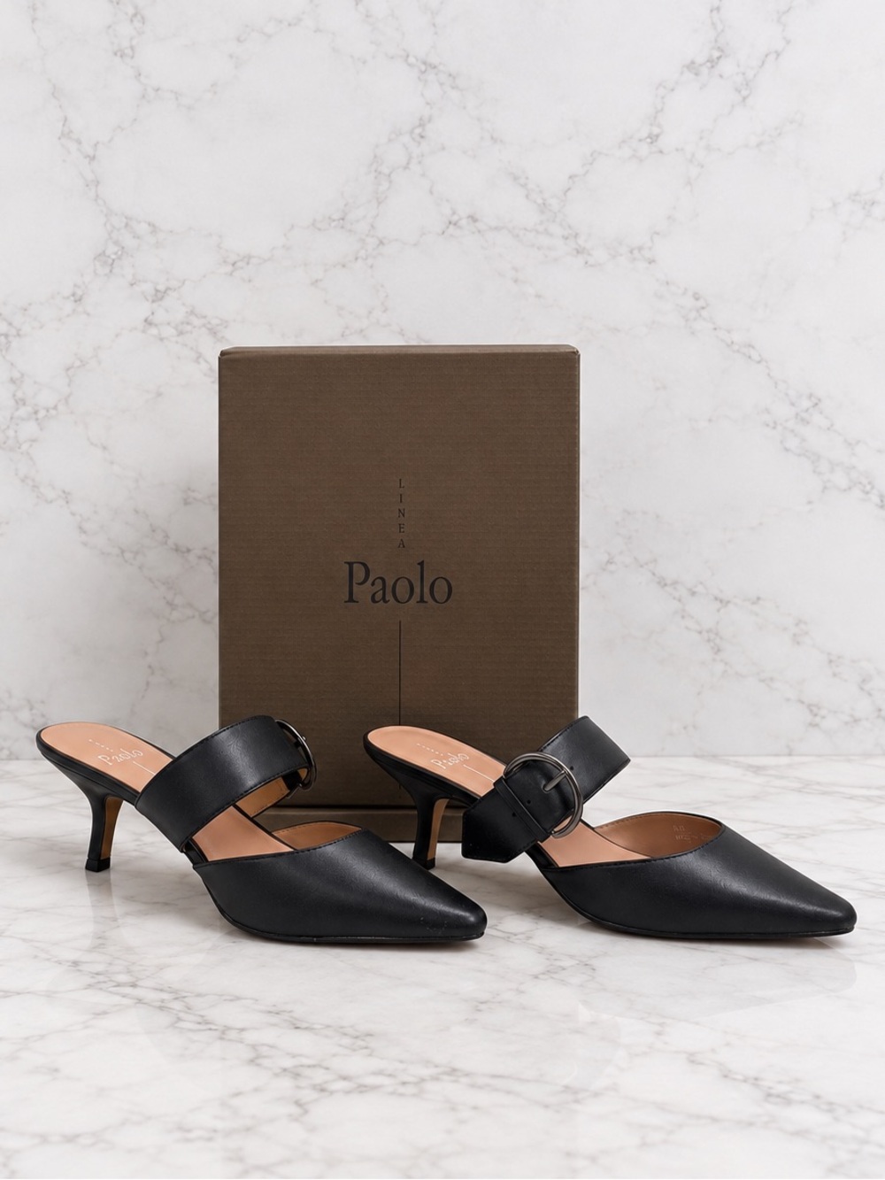 Paolo Black Leather Pointed Buckle Mule Heels